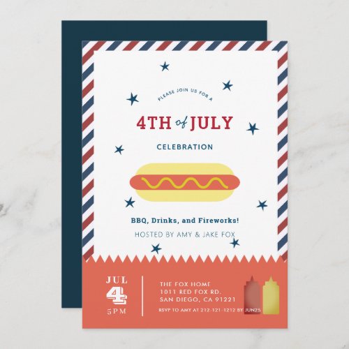 4th of July Stars  Stripes Hot Dog BBQ Invitation