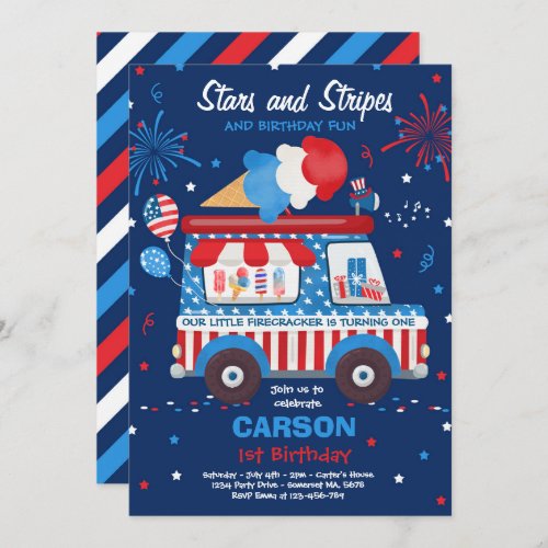 4th Of July Stars Stripes Ice Cream Truck Birthday Invitation
