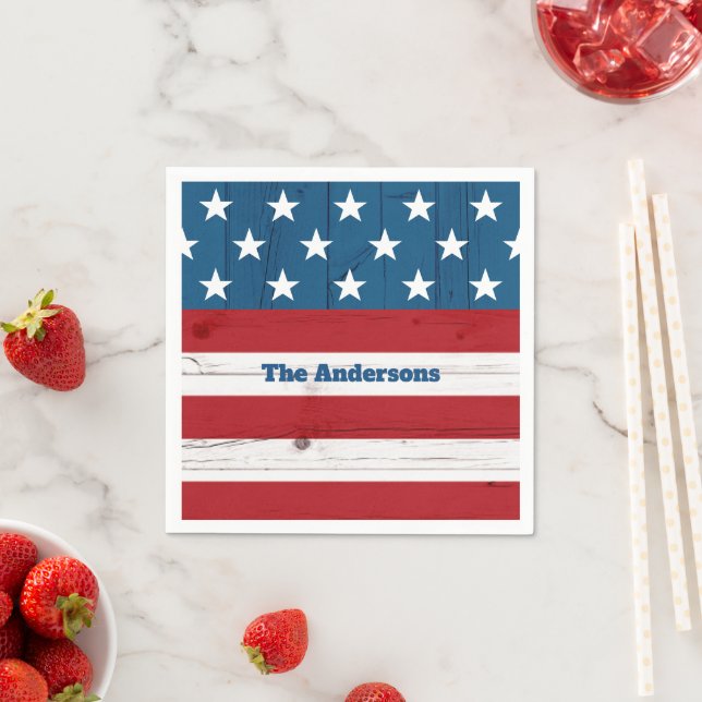 4th of July Stars Stripes Rustic Wood Flag Bold Napkins (Insitu)