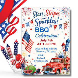 4th Of July Stars Stripes Sparkles BBQ Celebration Invitation