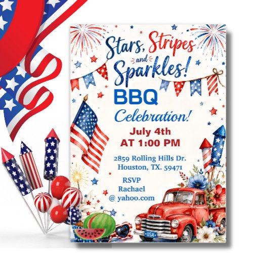 4th Of July Stars Stripes Sparkles BBQ Celebration Invitation