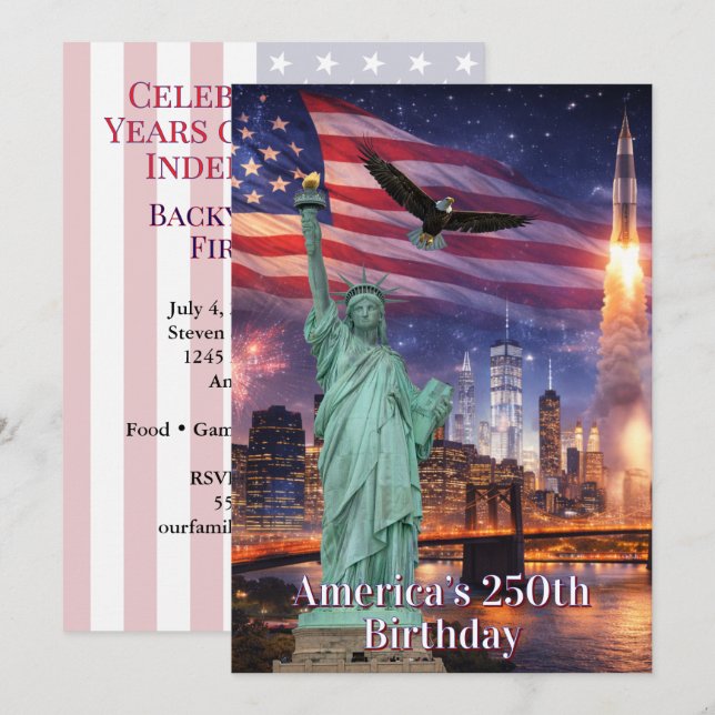 4th of July Statue of Liberty Rocket USA 250th Invitation (Front/Back)