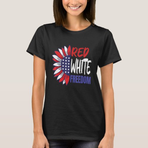 4th Of July Sunflower American Flag Red White Free T_Shirt