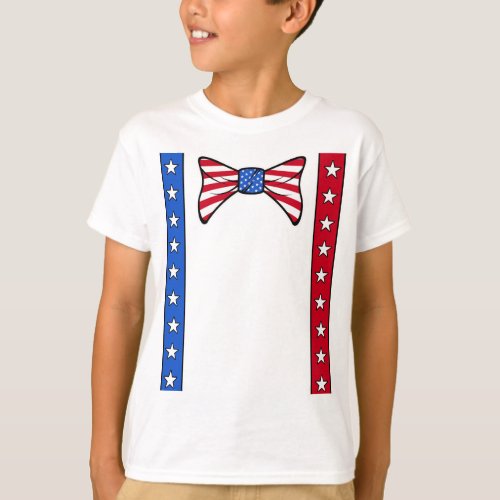 4th of July Suspenders and Bowtie American Flag T_Shirt