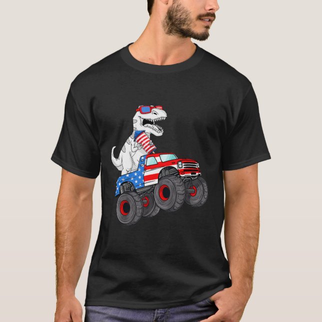 4th Of July T Rex Dino Trex Dinosaur Monster Truck T-Shirt (Front)