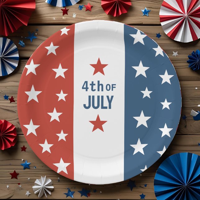 4th OF July Text Red, White & Blue with Stars Paper Plates (Creator Uploaded)