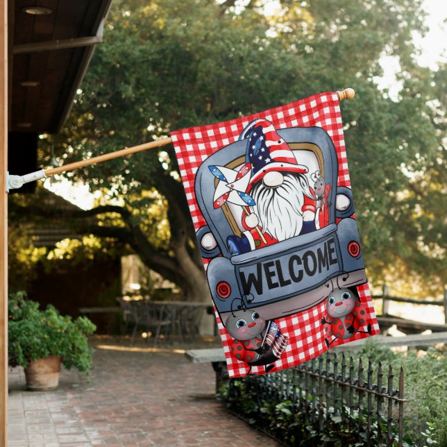 4th of July Truck Gnome House Flag (In SItu)