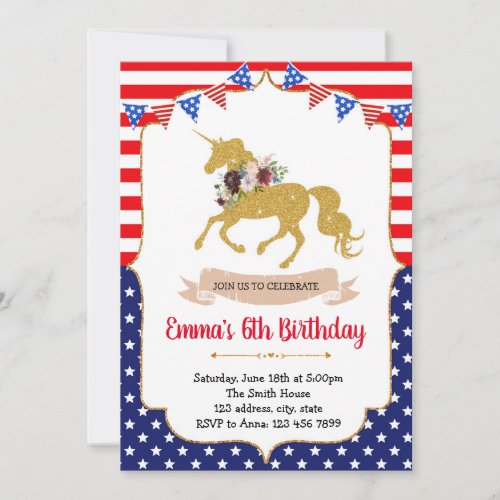 4th of July unicorn invitation