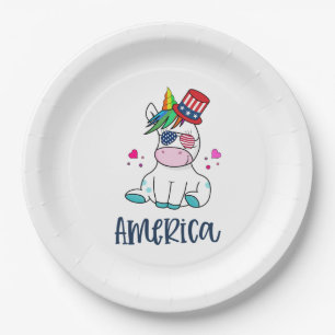 4th of July Unicorn with USA Flag Sun Glasses Paper Plates