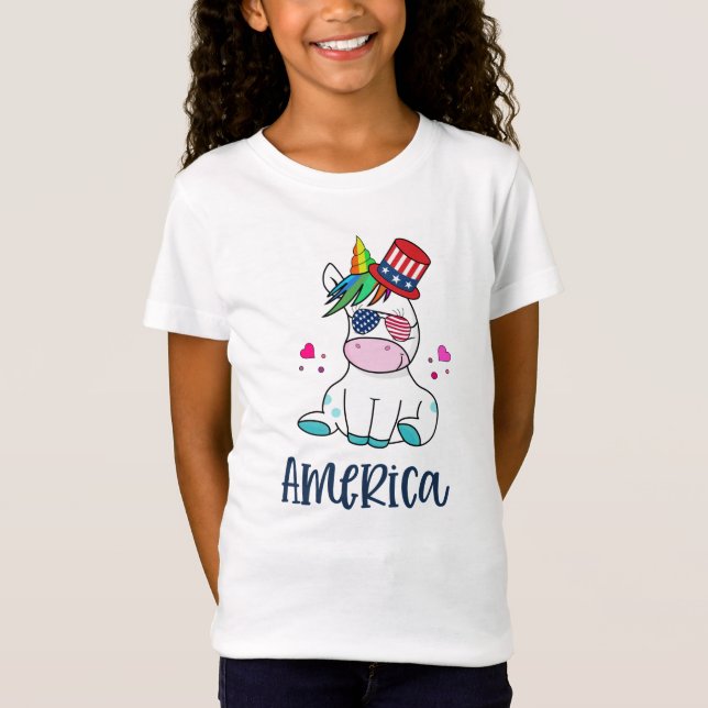 4th of July Unicorn with USA Flag Sun Glasses T-Shirt (Front)