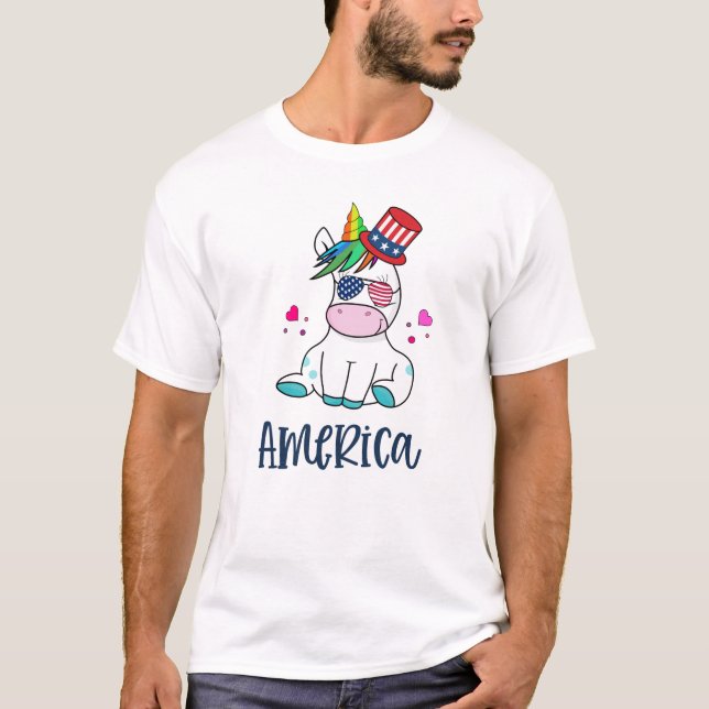 4th of July Unicorn with USA Flag Sun Glasses T-Shirt (Front)