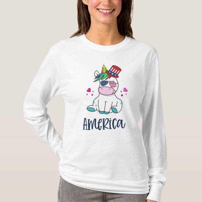 4th of July Unicorn with USA Flag Sun Glasses T-Shirt (Front)