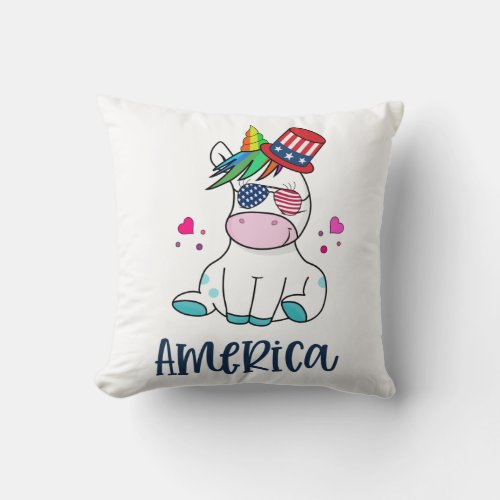 4th of July Unicorn with USA Flag Sun Glasses Throw Pillow