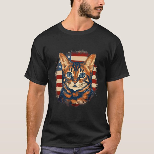 4th Of July US Flag Bengal Cat 1 T-Shirt (Front)