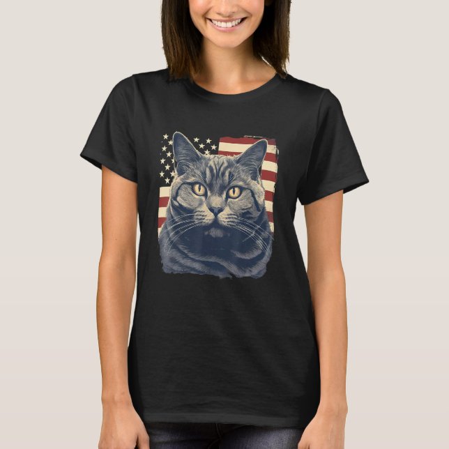 4th Of July US Flag Chartreux Cat T-Shirt (Front)