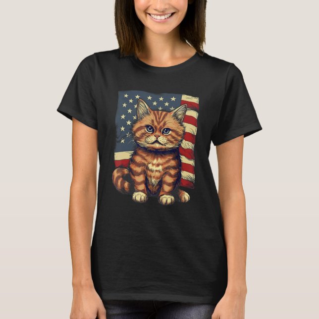 4th Of July US Flag Munchkin Cat T-Shirt (Front)