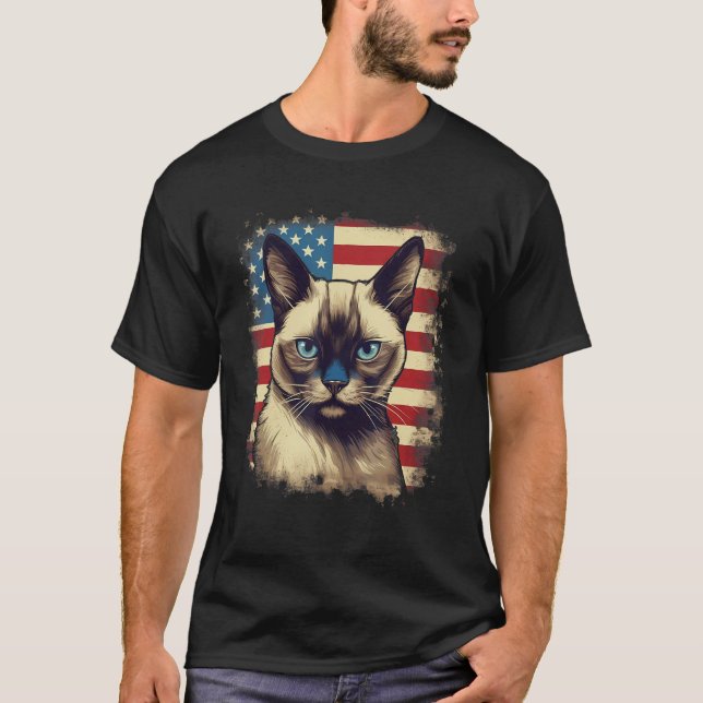 4th Of July US Flag Siamese Cat T-Shirt (Front)