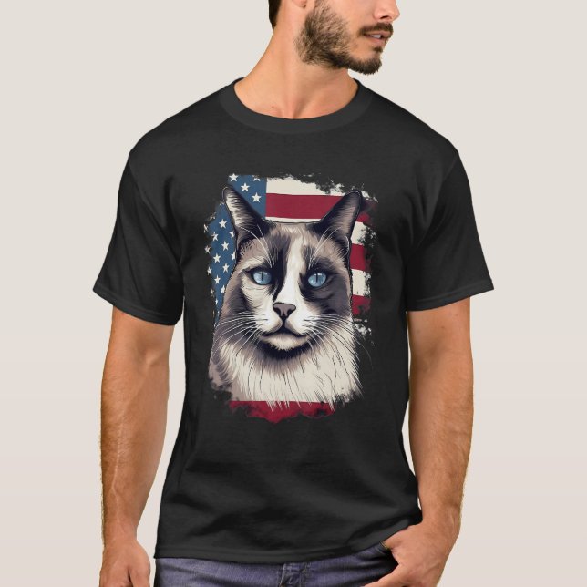 4th Of July US Flag Snowshoe Cat T-Shirt (Front)