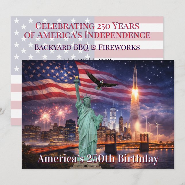 4th of July USA 250th Statue of Liberty Rocket Invitation (Front/Back)