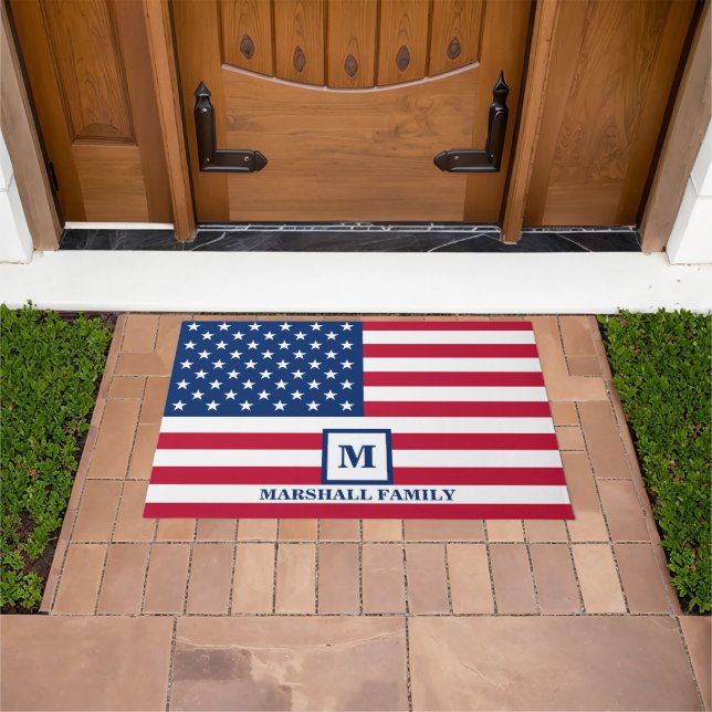 4th Of July USA American Flag Customized Monogram Doormat (Outdoor)