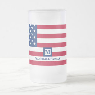 4th Of July USA American Flag Customized Monogram Frosted Glass Beer Mug