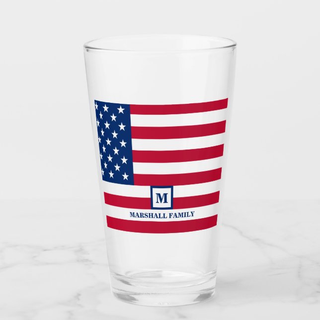 4th Of July USA American Flag Customized Monogram Glass (Front)