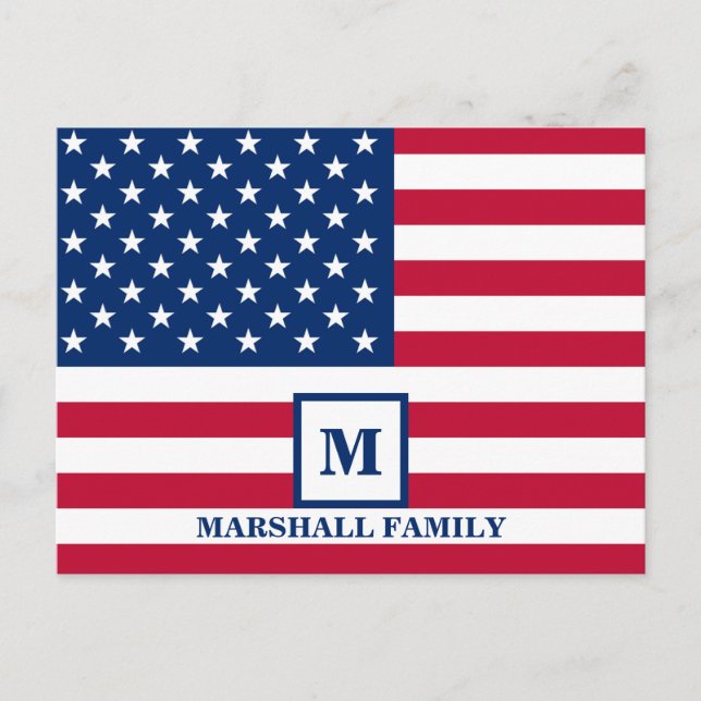 4th Of July USA American Flag Customized Monogram Postcard (Front)