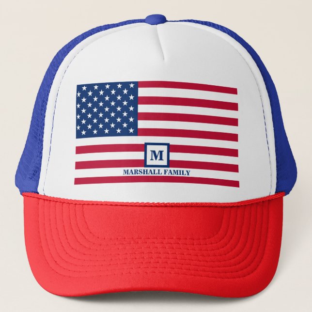 4th Of July USA American Flag Customized Monogram Trucker Hat (Front)