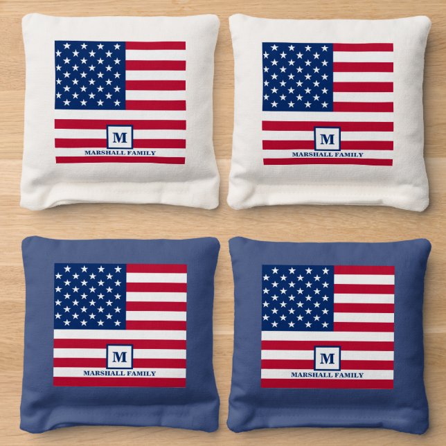 4th Of July USA American Flag Family Name Monogram Cornhole Bags (Wood)