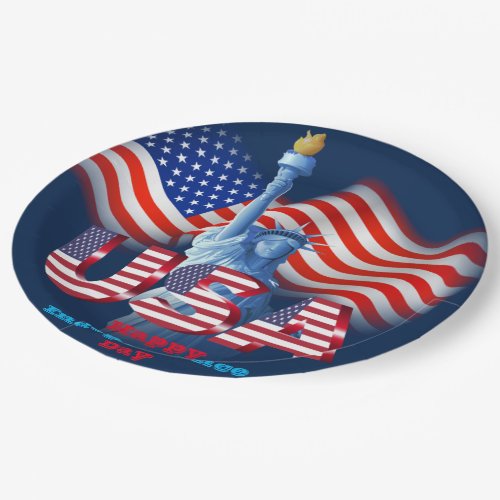 4th of July USA American Flag Statue of Liberty Paper Plates
