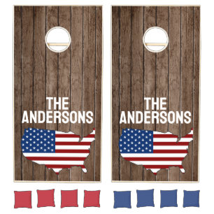 4th of July USA Flag Family Name  Cornhole Set