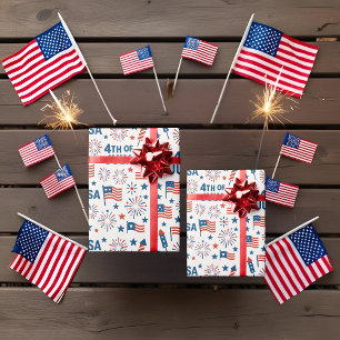 4th of July USA Flag, Fireworks & Stars Wrapping Paper
