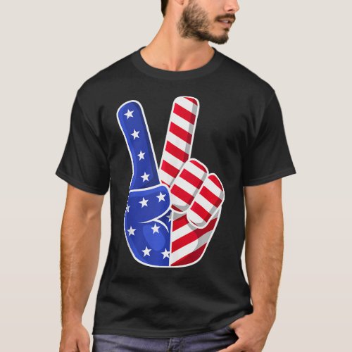 4Th Of July Usa Flag Peace Sign Hand Patriotic T_Shirt