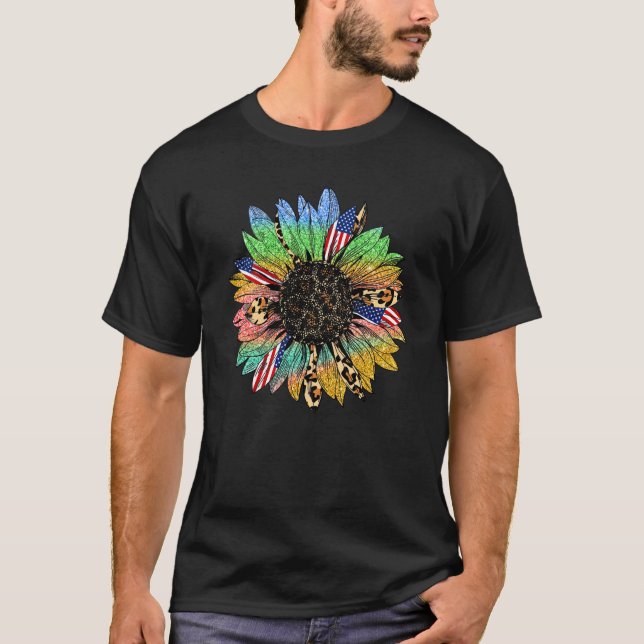 4th of July USA Flag Tye Dye Sunflower T-Shirt (Front)
