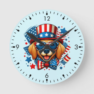 4th of July USA Patriotic Dog Independence Day Round Clock