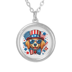 4th of July USA Patriotic Dog Independence Day Silver Plated Necklace