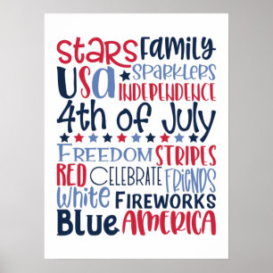 4th of July USA Red White Blue Modern Typography Poster