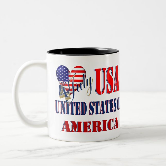 4th of July USA T-Shirt Classic Round Sticker Coff Two-Tone Coffee Mug (Left)