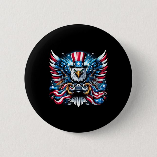 4th Of July Video Game Bald Eagle American Flag Bo Button (Front)