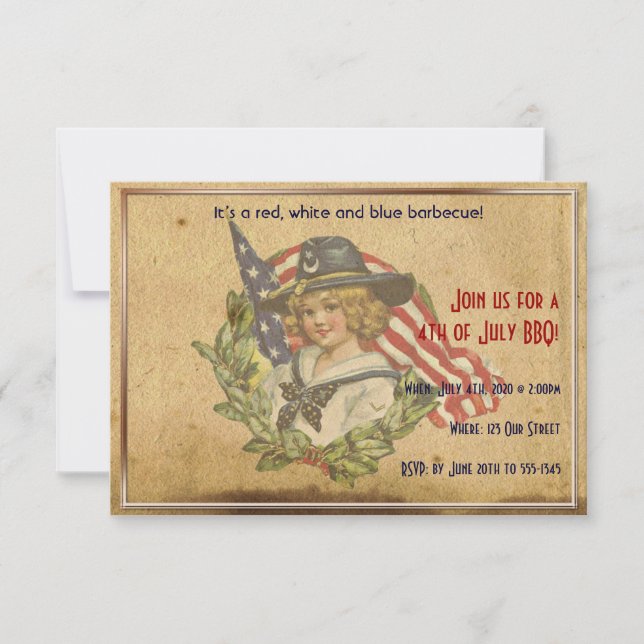 4th of July Vintage Girl with Flags Invitation (Front)