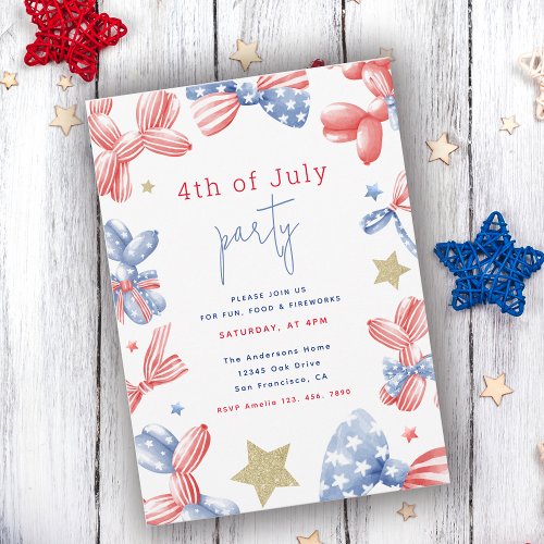 4th of July Watercolor Cute Balloon Party Invitation