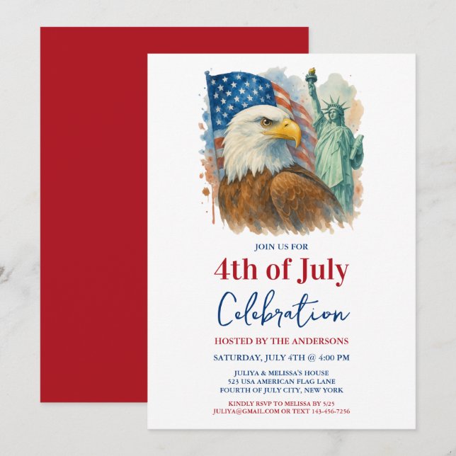 4th Of July watercolor Eagle Patriotic Party Invitation (Front/Back)