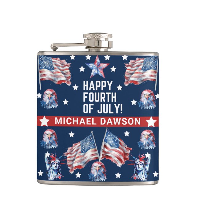 4th of July Watercolor Family Name Patriotic Flask (Front)