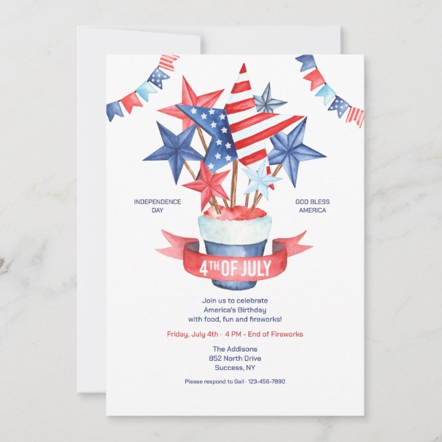 4th of July Watercolor  Invitation (Front)