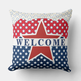 4th of July,  WELCOME Red, White & Blue Throw Pillow