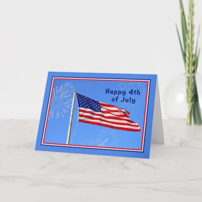 4th of July with American Flag, Fireworks Card (Front)