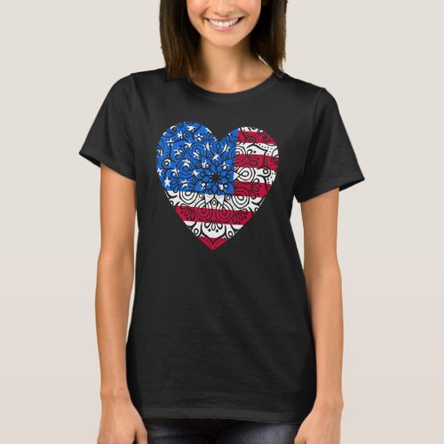4th Of July Women Girls Kids Mandala American Hear T_Shirt