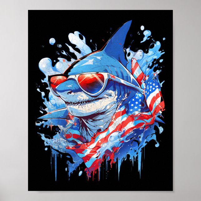 4th Patriotic Funny Shark Sungles Independence Day Poster (Front)