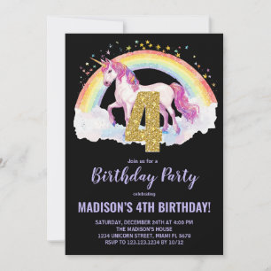 4th Rainbow Unicorn Birthday Invitations