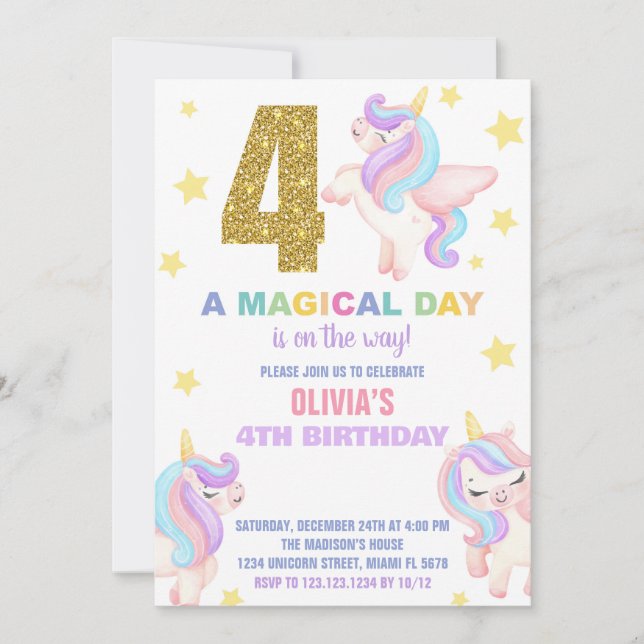 4th Rainbow Unicorn Birthday Invitations Fly (Front)